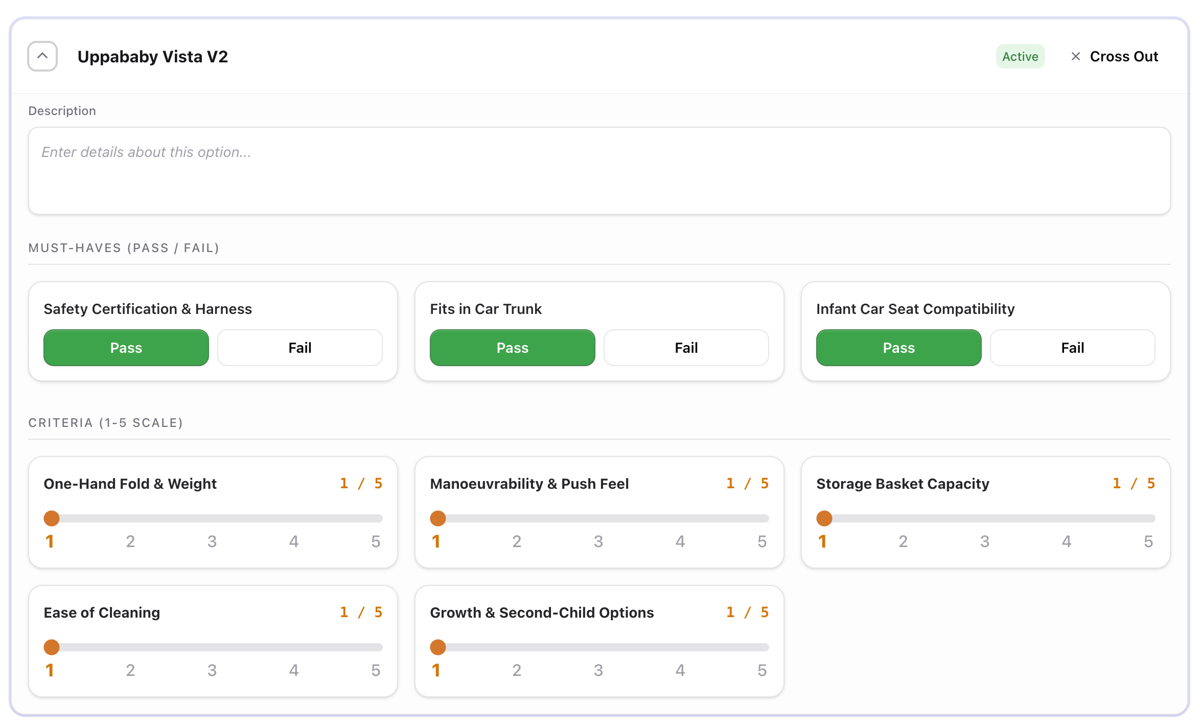 Axiom choices list with 1–5 scoring for each criteria across co-parents