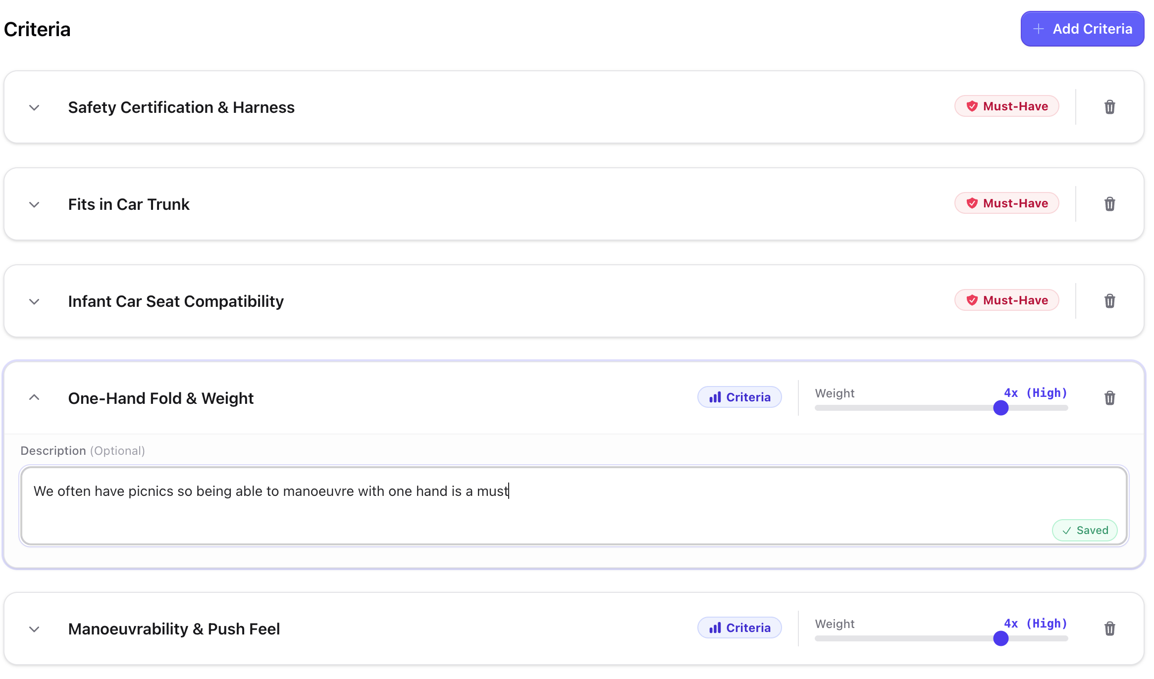 Axiom criteria list with weight sliders set to different priorities and must-have rules
